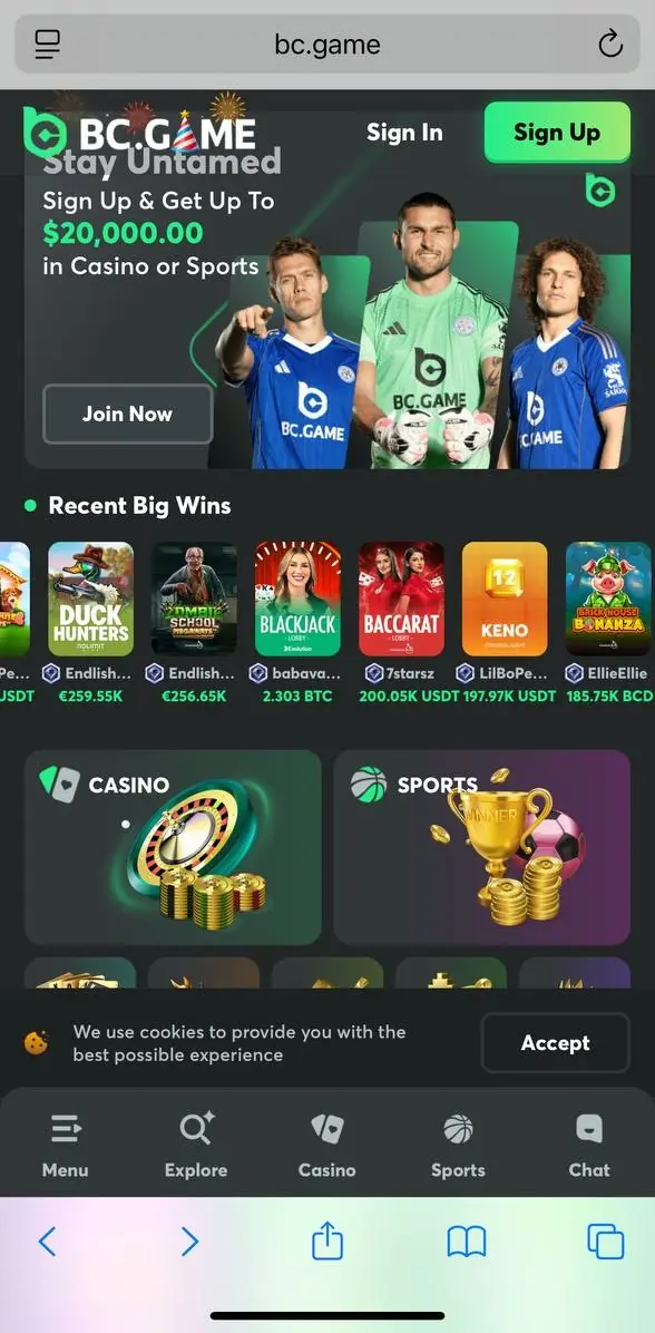 BC Game app interface on mobile showing welcome bonus, recent wins, and casino and sports categories.
