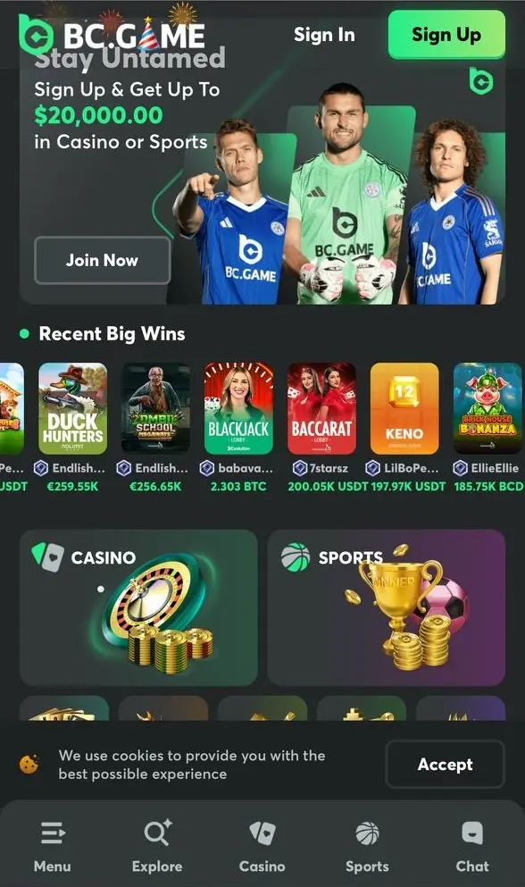BC Game app home screen on mobile showing welcome bonus, recent wins, and casino and sports categories.