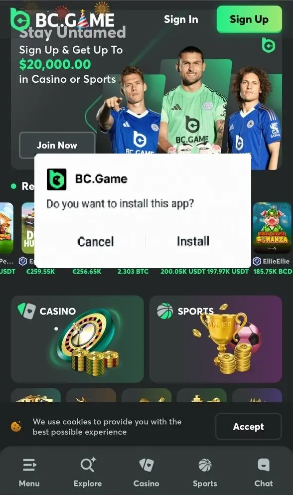 BC Game app install prompt displayed over the mobile homepage with Cancel and Install options.