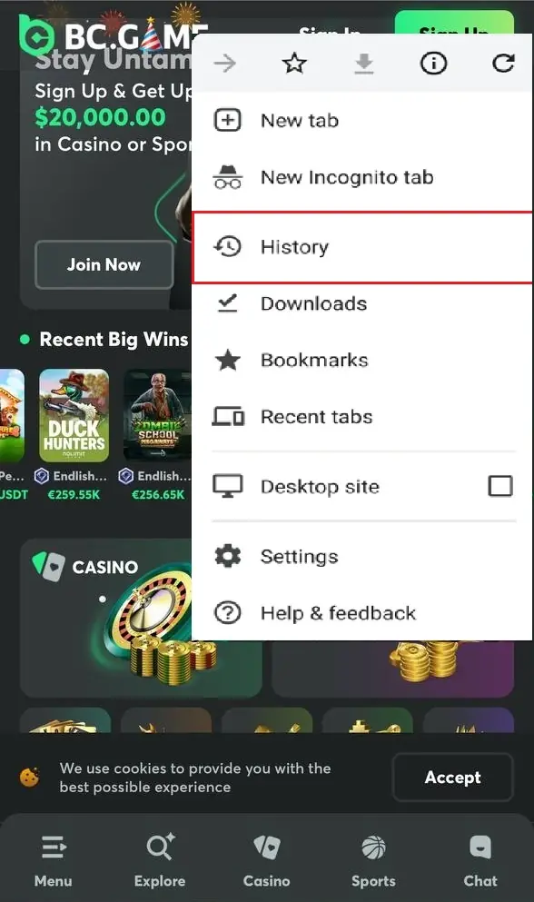 Chrome menu open over the BC Game app page with the History option highlighted for Android setup.