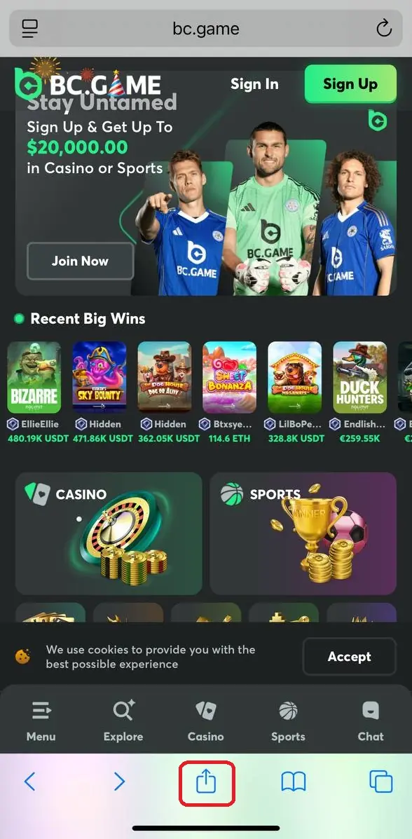BC Game app on iPhone with the Safari Share button highlighted for installing the app to the home screen.