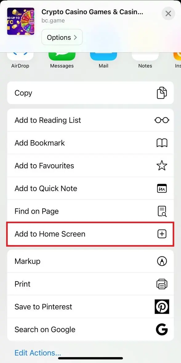 iPhone share menu with the Add to Home Screen option highlighted for installing the BC Game app.
