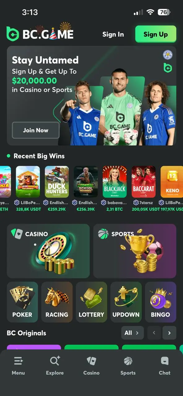 BC Game mobile App homepage with signup bonus, recent wins, and casino and sports categories.