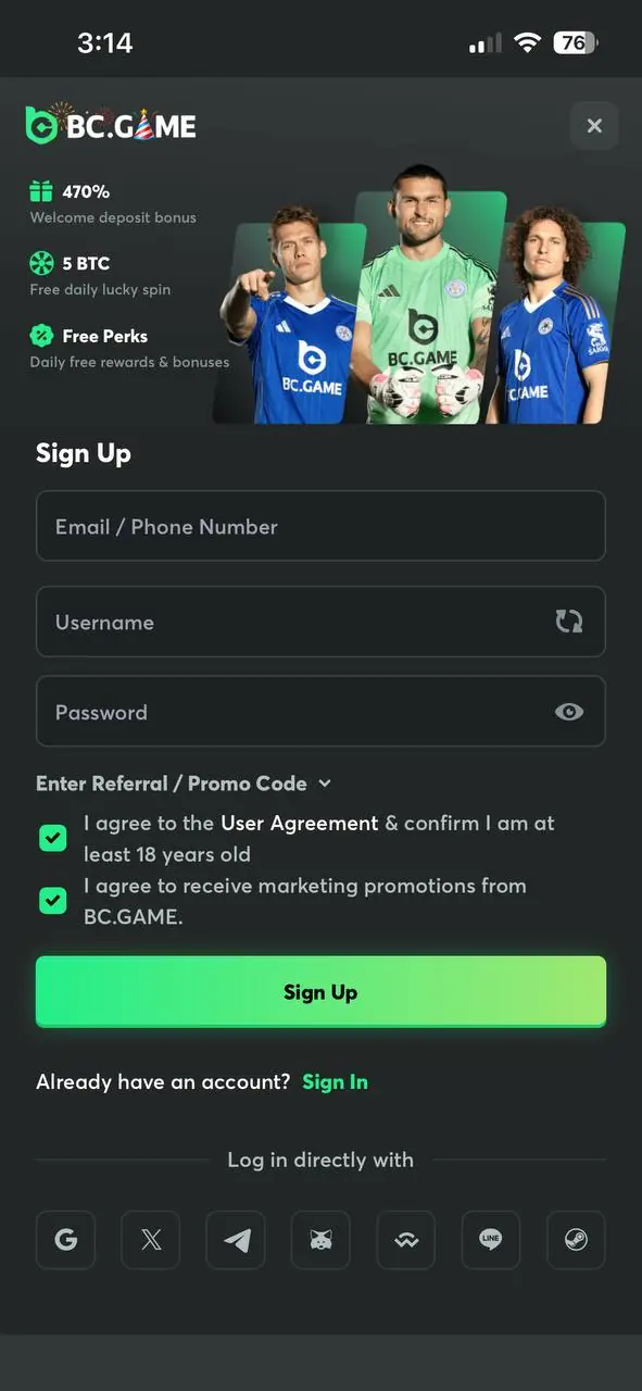 BC Game App signup screen showing welcome bonuses and form fields for email, username, password, and promo code.