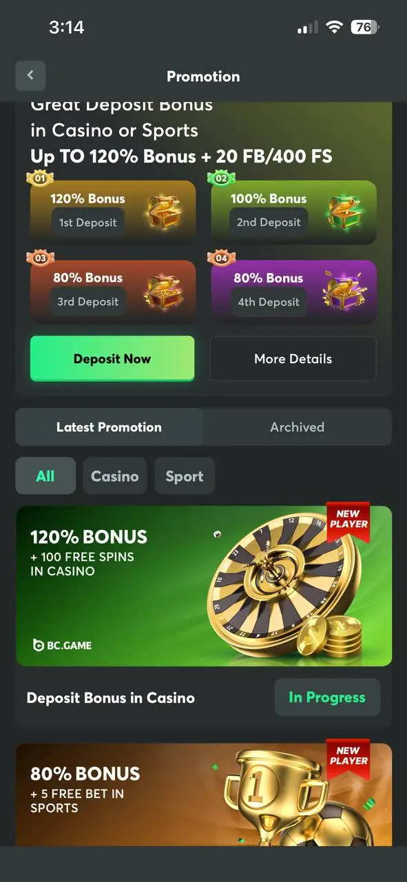 BC Game promotions page showing deposit bonuses for first four deposits and offers like 120% bonus with free spins.