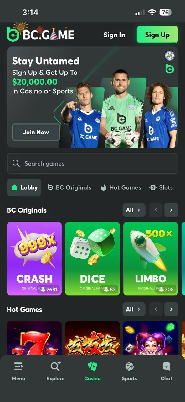 BC Game App casino page showing welcome bonus banner, game search bar, and BC Originals titles like Crash, Dice, and Limbo.