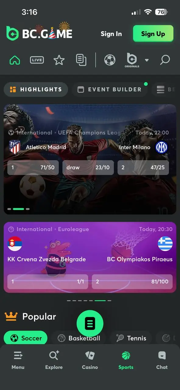 BC Game app sports page showing live and upcoming matches with betting odds for football and basketball.